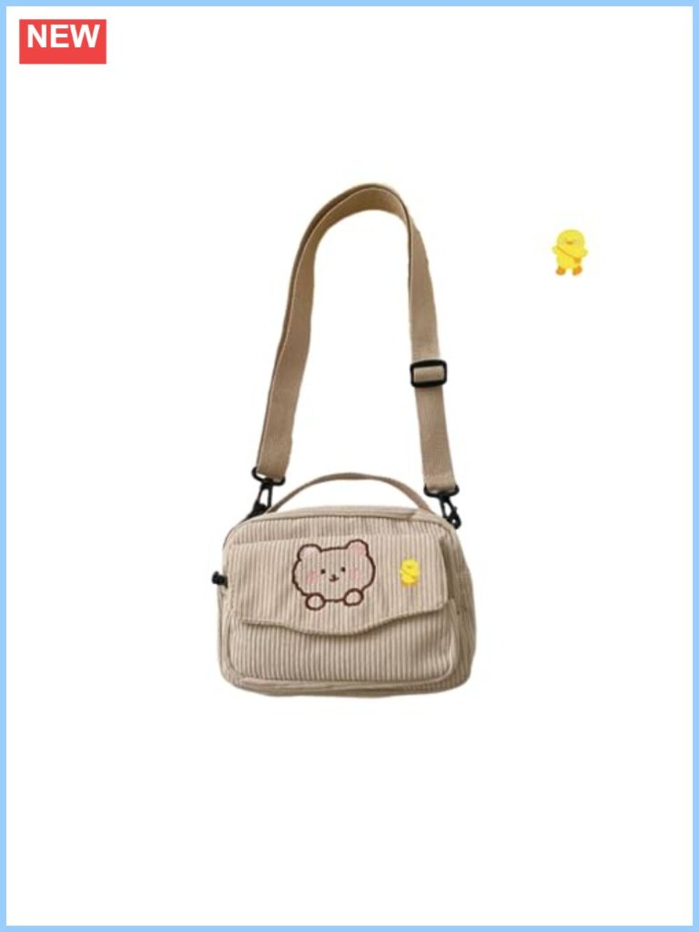 Corduroy Crossbody Bag Small Kawaii Satchel Adjustable Strap Duck Pin